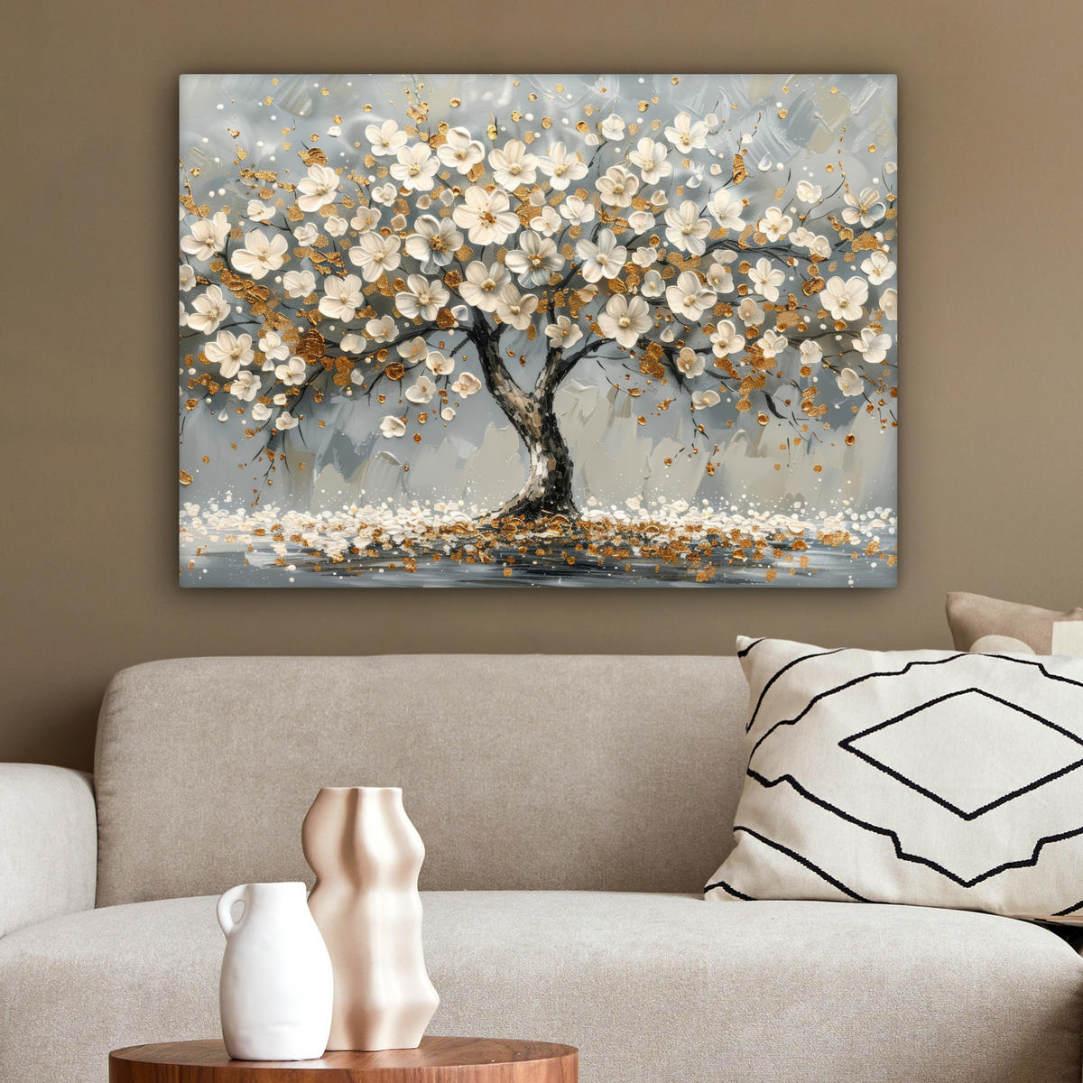 LEINWANDBILD Baum - Blumen - Weiß - Natur - Kunst Wandbilder 80x60 cm - Weiß, Textil (80/60cm) - MuchoWow