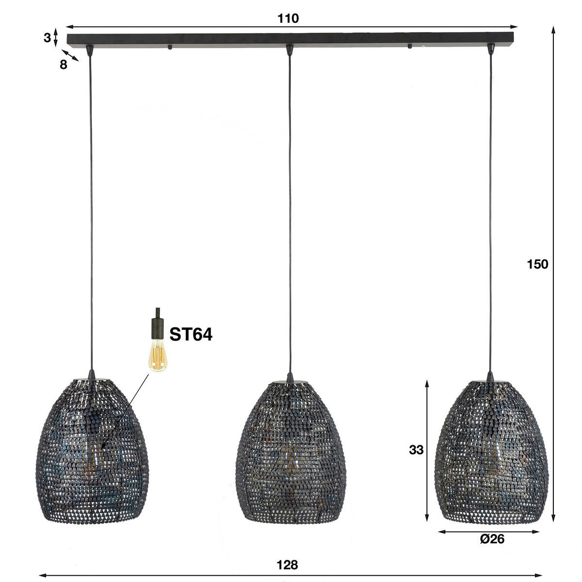 HÄNGELEUCHTE Ova Grau 128/28/ 150 cm - Grau, Metall (128/28/150cm) - Hoyz Collection