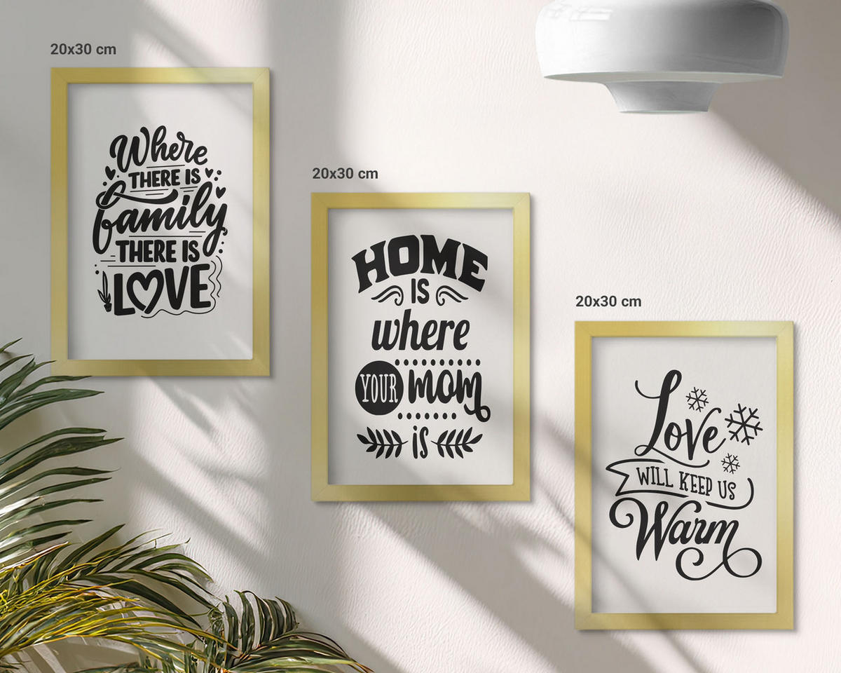 BILDER SET 3er Set - 20x30 cm Goldrahmen - Familie, Liebe, Zuhause, Wärme - Goldfarben, Kunststoff (20/30cm) - TULUP