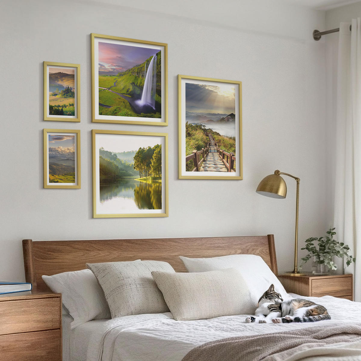 WANDBILDER 5er Set - 50x50 cm & 20x30 cm & 40x60 cm Goldrahmen - Aquarell von grünen tropischen Blättern - Goldfarben, Kunststoff (40/60cm) - ArtPrintCave