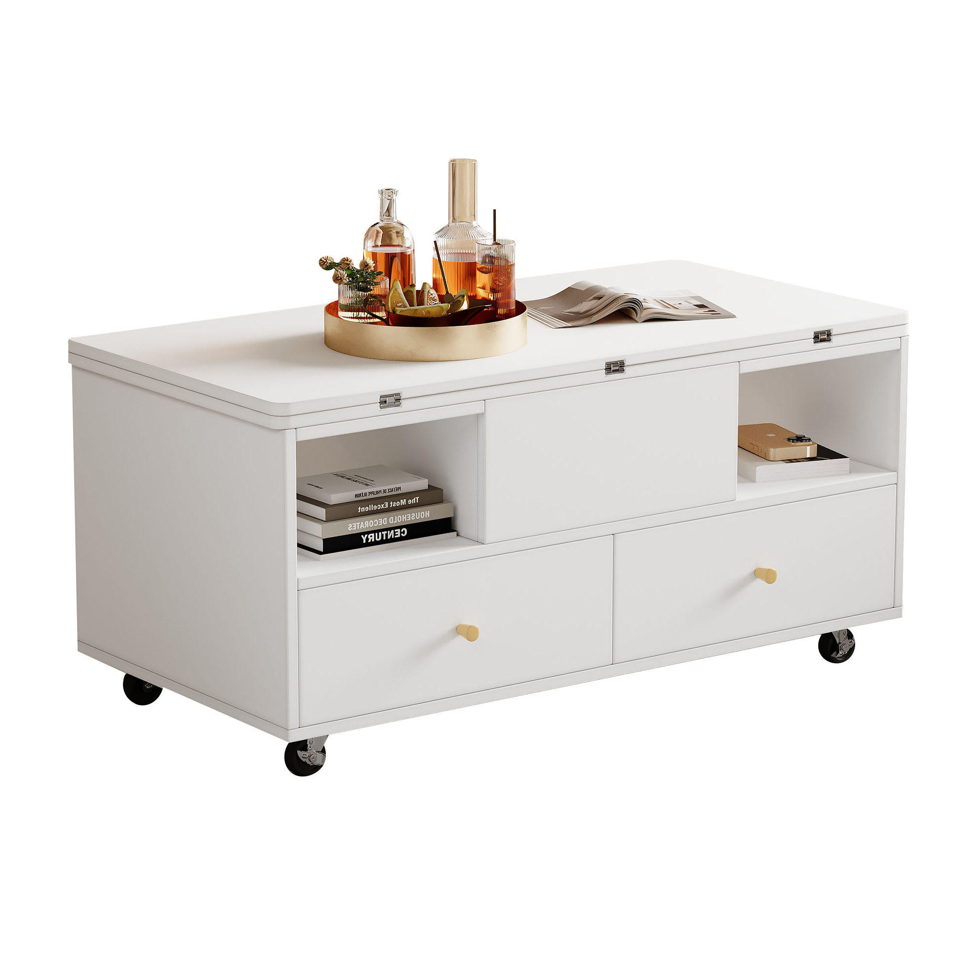 COUCHTISCH 100/50/47,5 cm höhenverstellbar mit Klappfunktion und 4 Schubladen - Weiß, Holzwerkstoff (100/50/47.5cm) - Flora Grace