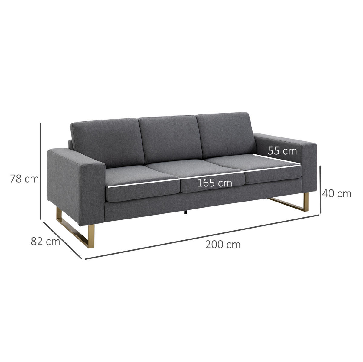3-SITZER-SOFA aus Holz 200x82x78 cm in Dunkelgrau mit 6 Kissen - Dunkelgrau, Textil (82/78/200cm) - Modfu
