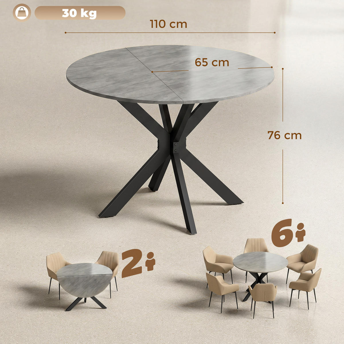 ESSTISCH Betongrau 1 Stück - Grau, Naturmaterialien (110/110/76cm) - GiPP