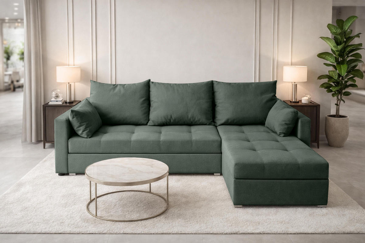 ECKSOFA Universelle L Form Elif Grün 220/140/85 cm stilvolle mit Schlaffunktion - Silberfarben/Grün, Kunststoff/Textil (220/140cm) - AX Living