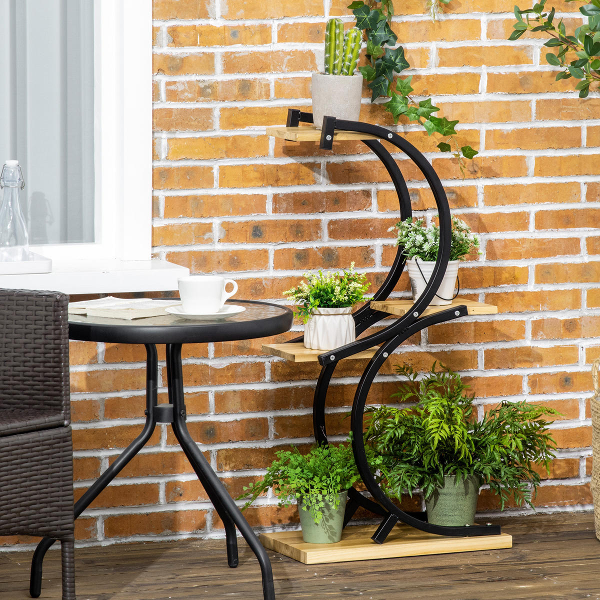 PFLANZENSTÄNDER DE-05478 4 Regale, Holz/Metall Schwarz/Natur - Schwarz/Naturfarben, Holz (46/25/91cm) - ComfortXL