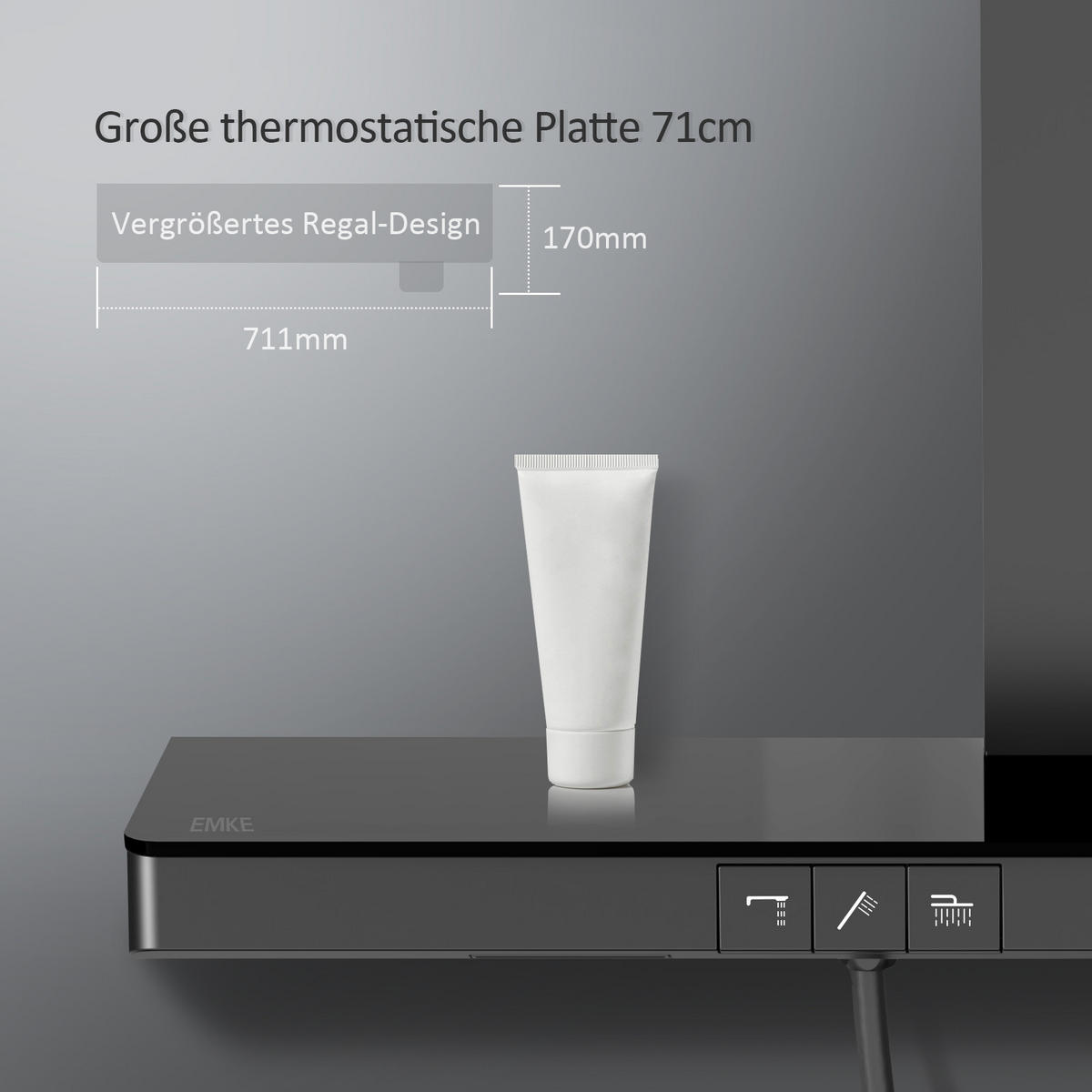 ÜBERKOPFBRAUSESET mit Großer Ablagefläche Brausethermostat Schwarz - Schwarz, Metall (66.5/198.6/71.1cm) - EMKE