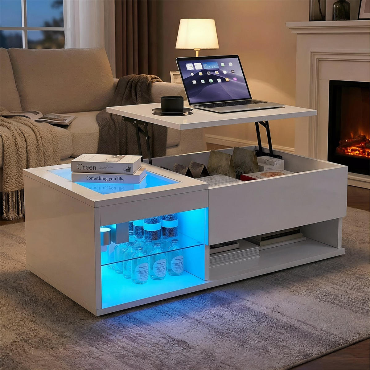 COUCHTISCH Rechteckig - Höhenverstellbarer Couchtisch mit LED - Hochglanz Lift-Top Tisch mit Glasablage - Weiß - Weiß, Holzwerkstoff (55/100/35cm) - DELFA