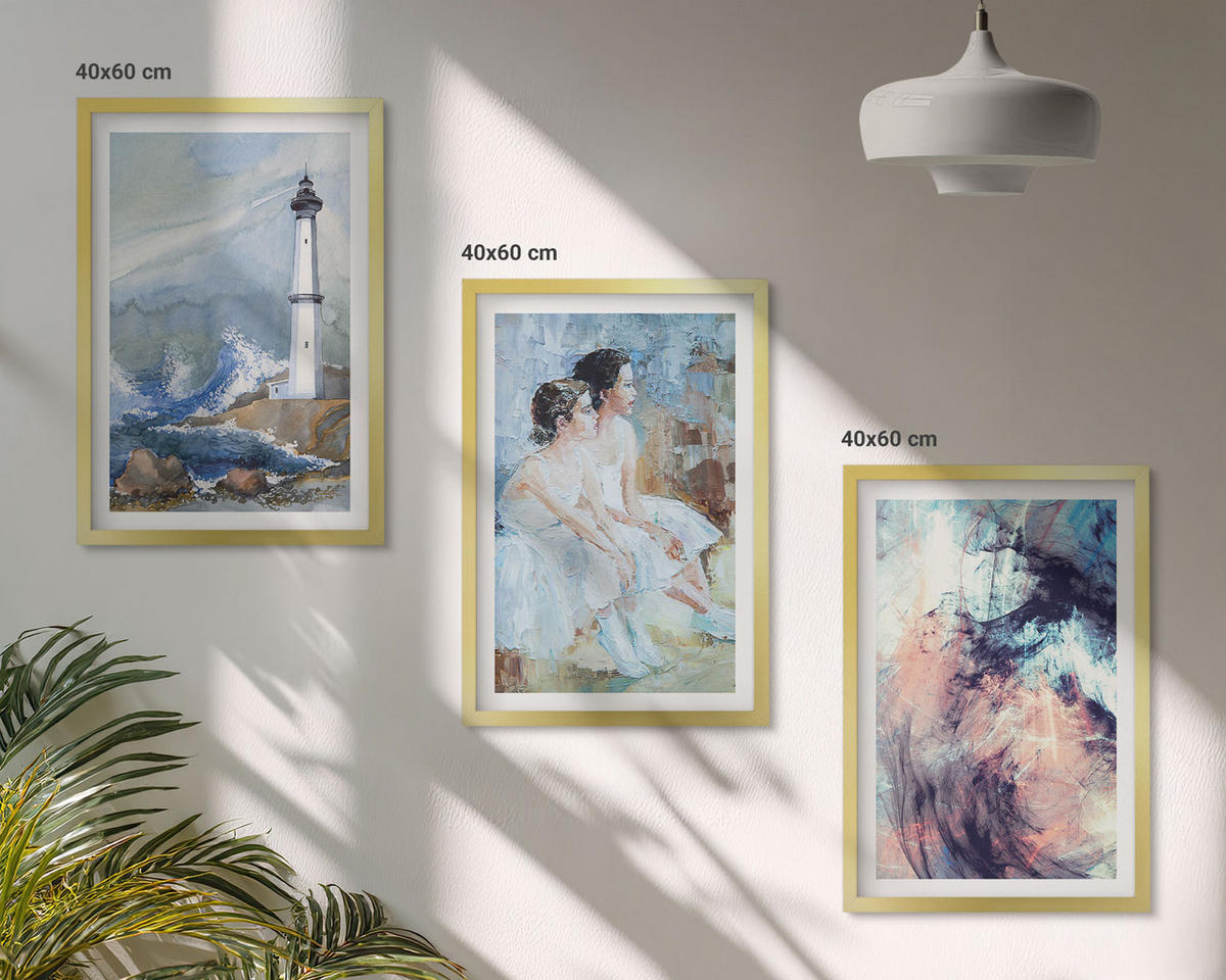 WANDBILDER 3er Set - 40x60 cm Goldrahmen - Leuchtturm-Abstrakte Tänzerin - Goldfarben, Kunststoff (40/60cm) - ArtPrintCave