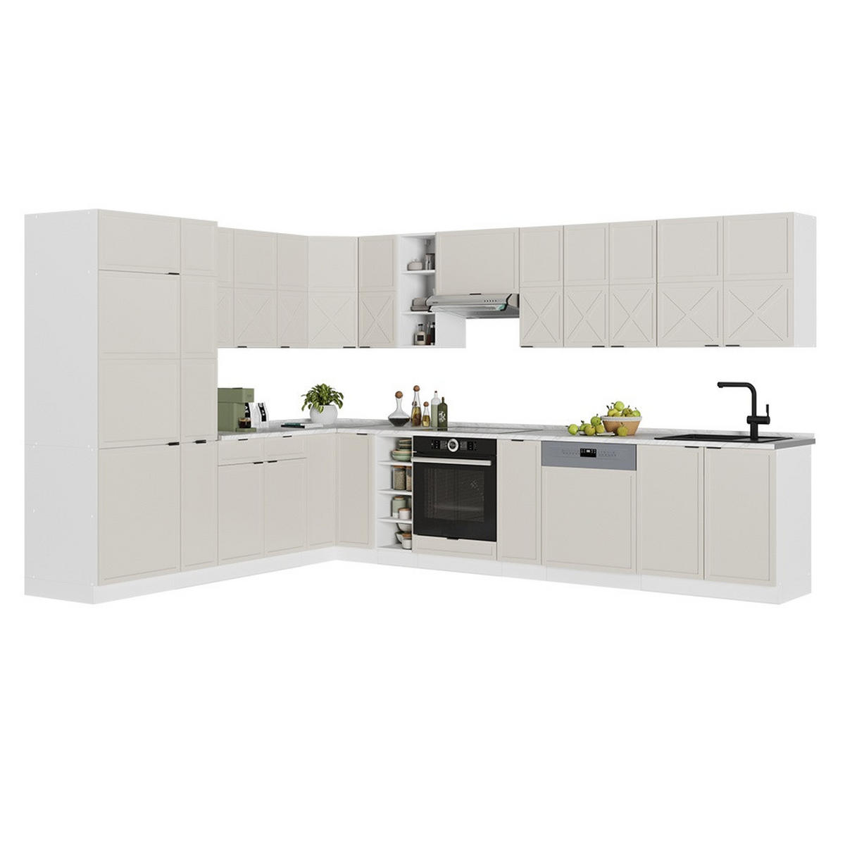 ECKKÜCHE Fame-Line, GrauBeige/Weiß, 347 x 257 cm ohne Arbeitsplatte - Greige/Weiß, Holzwerkstoff (347/206.8/51.6cm) - Vicco