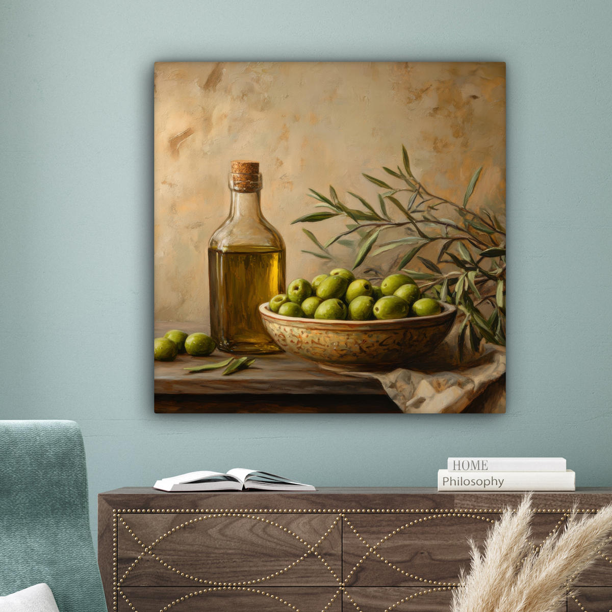 LEINWANDBILD Oliven - Stilleben - Vintage 90x90 cm - Olivgrün, Textil (90/90cm) - MuchoWow