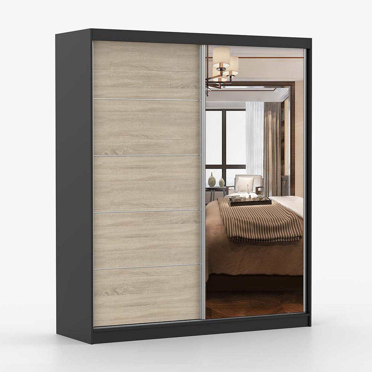 SCHWEBETÜRENSCHRANK 183/218/61 cm 2-türig Bella 03 Schwarz, Sonoma Eiche - Alufarben/Schwarz, Glas/Holzwerkstoff (183/218/61cm) - imoebel24