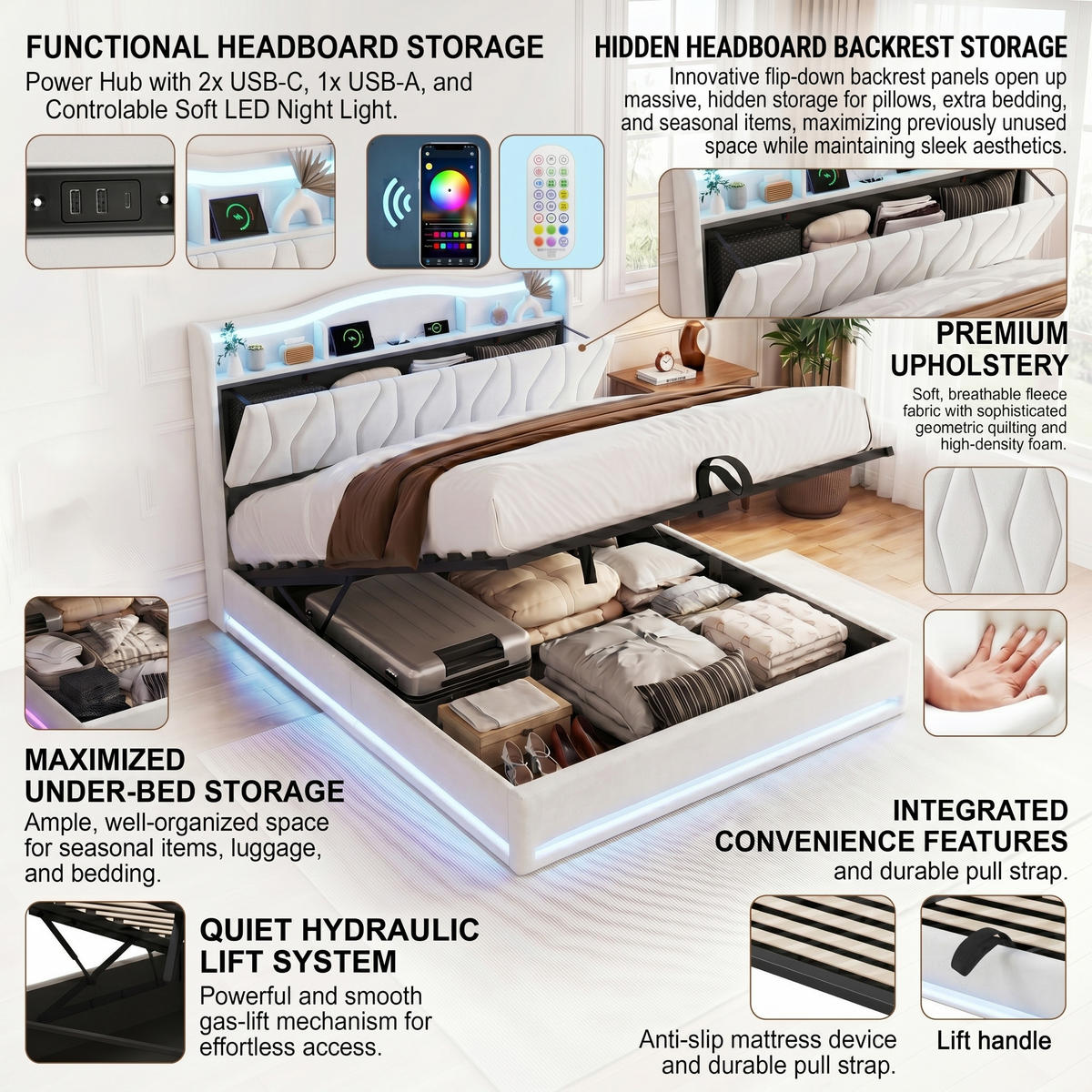 POLSTERBETT Rhombus 140/200 cm mit Bettkasten & App-LED Samtoptik Beige - Beige, Textil (140/200cm) - Creahappy