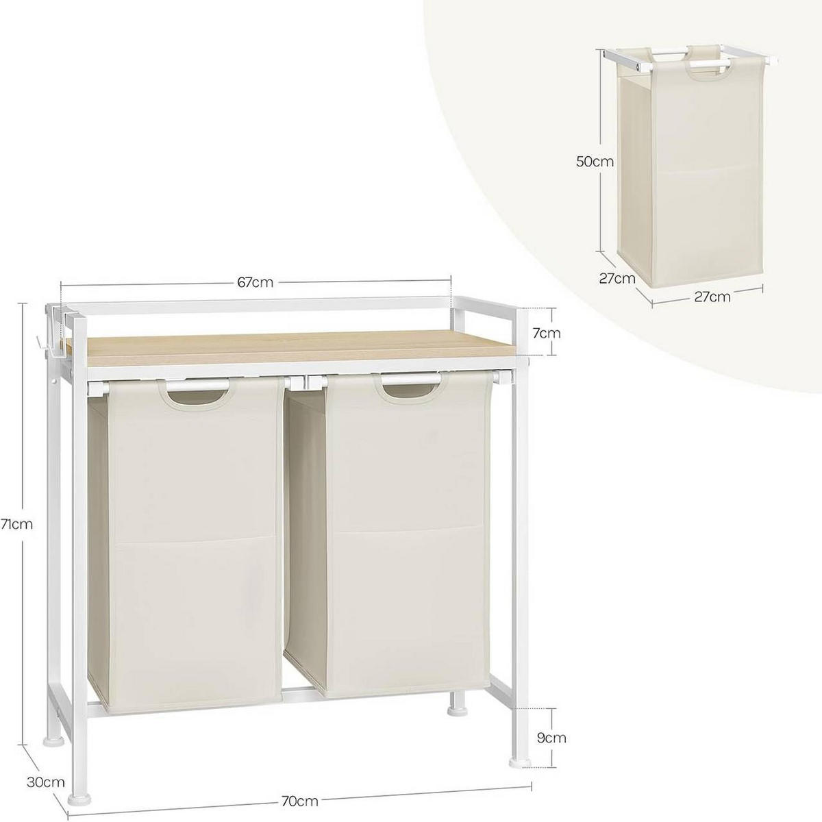 WÄSCHEKORB 2 Fächer, jedes 40 L, Weiß+Helle Eiche - Eichefarben/Weiß, Holzwerkstoff/Textil (70/71/30cm) - Woltu