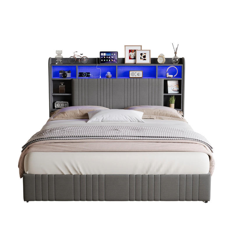 POLSTERBETT 160/200 cm grau mit Schubladen, LED und USB - Grau, Holz