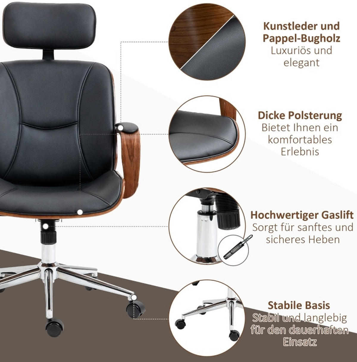BÜROSTUHL ergonomisch höhenverstellbar 66 x 65 x 115-125 cm Kunstleder Schwarz - Schwarz, Kunststoff (65/125/66cm) - Meubliv