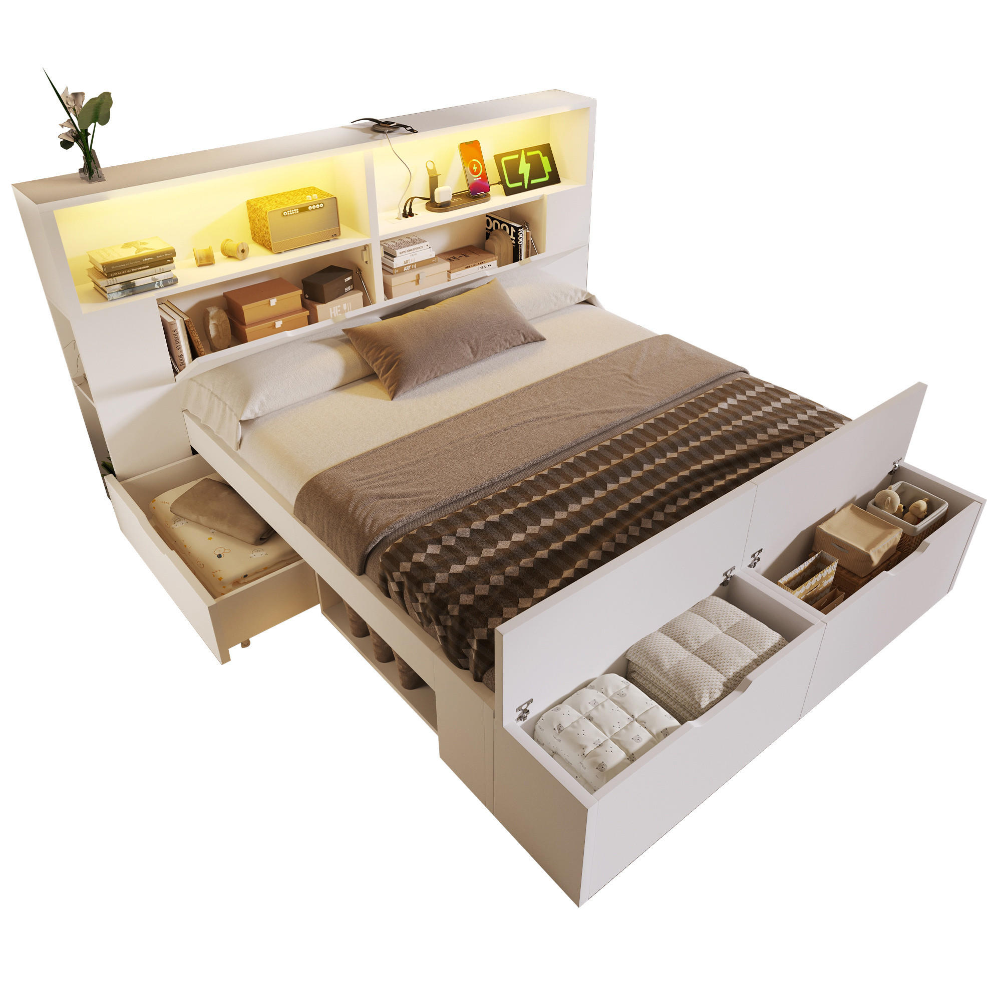BETT 140/200 cm in Weiß – inkl. Lattenrost, Stauraum, LED und USB - Weiß, Holzwerkstoff (140/200cm) - BEAOK