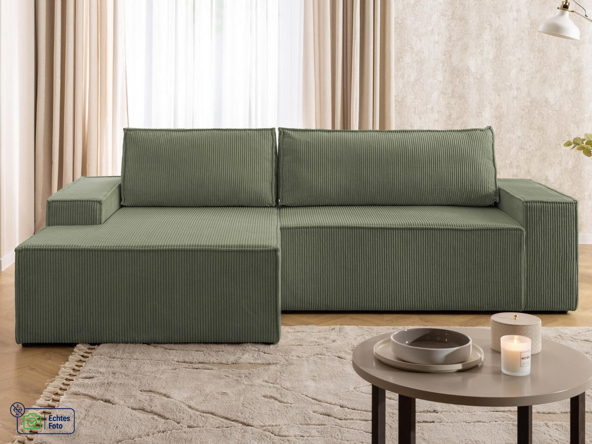 ECKSOFA Rivio mit Schlaffunktion und Bettkasten, Cordstoff Grün - Schwarz/Grün, Holz/Kunststoff (149/262cm) - S-Style