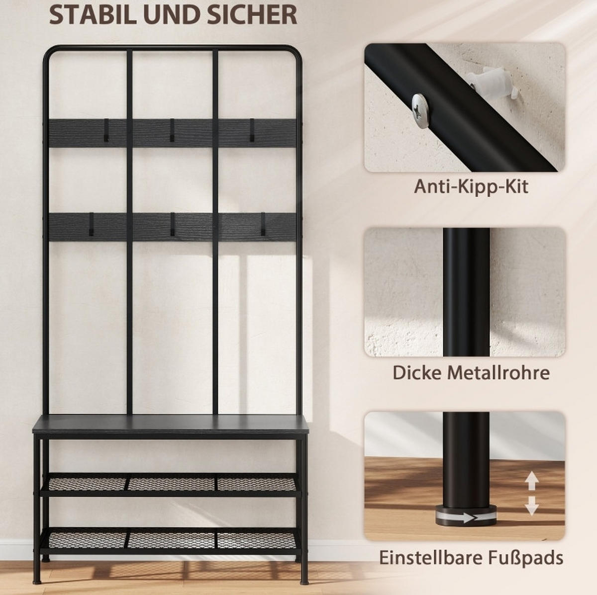 STANDGARDEROBE 91/36/180 cm mit 6 Haken, Sitzbank und Schuhablage in Schwarz - Schwarz, Metall (91/180/36cm) - BEAOK