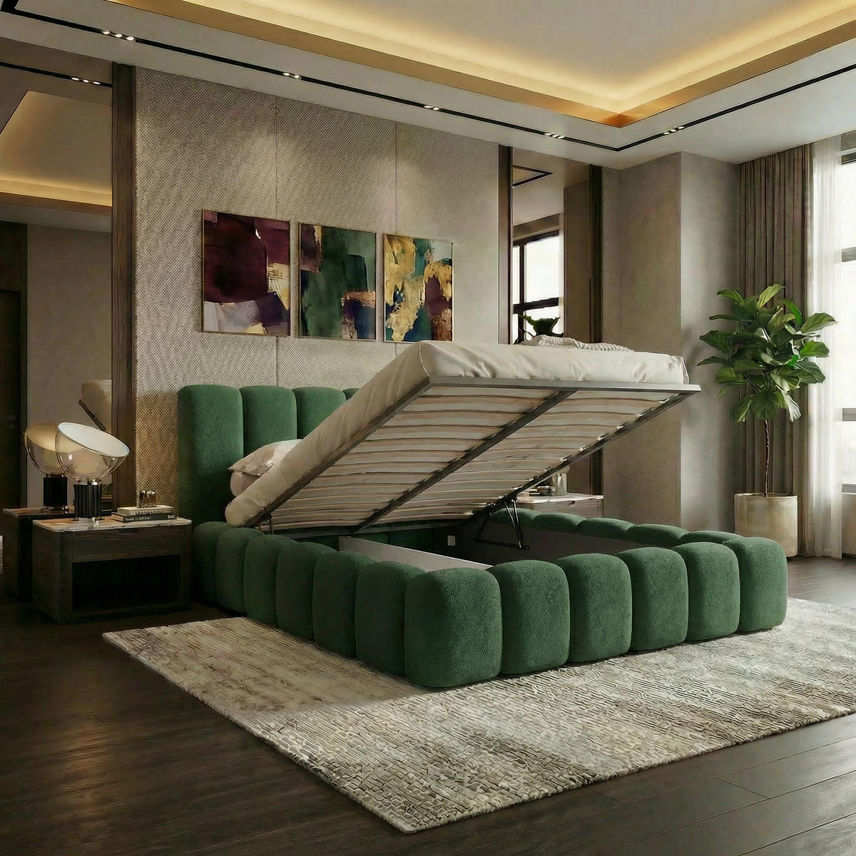 POLSTERBETT VELORA 140x200cm mit Bettkasten & Metallgestell - Bouclé Stoff GRÜN GERRA - Grün, Textil - Luxkor24