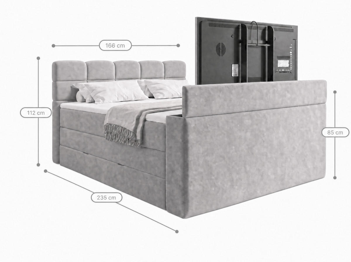 BOXSPRINGBETT Carenzo 3 Hellgrau 160/200 cm H3/H4 Samt inkl. Topper und TV-Lift - Hellgrau, Textil (160/200cm) - wonello