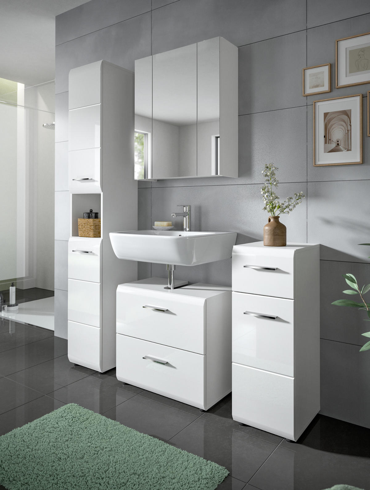 BADKOMMODE weiß Hochglanz, Badezimmer Schrank 30 x 80 cm - Weiß Hochglanz/Silberfarben, Holzwerkstoff/Kunststoff (30/80/30cm) - Inn.Furn