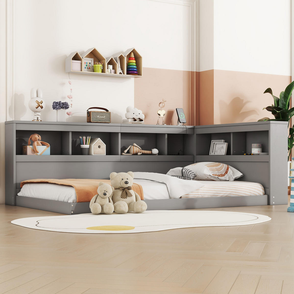 MULTIFUNKTIONSBETT 90/200 cm grau mit Steckdose und 2 USB-Anschlüssen - Grau, Holzwerkstoff (90/200cm) - OKWISH