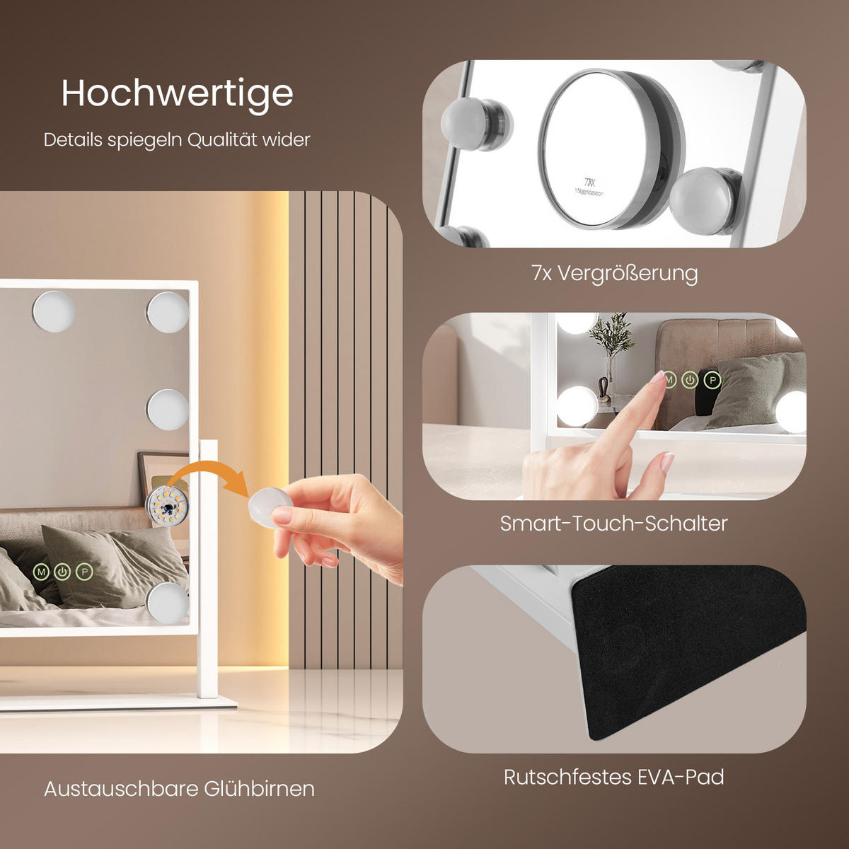 SCHMINKSPIEGEL Rechteckiger mit Beleuchtung, Weiß, 41/30 cm - Weiß, Glas (31/8.5/40cm) - EMKE