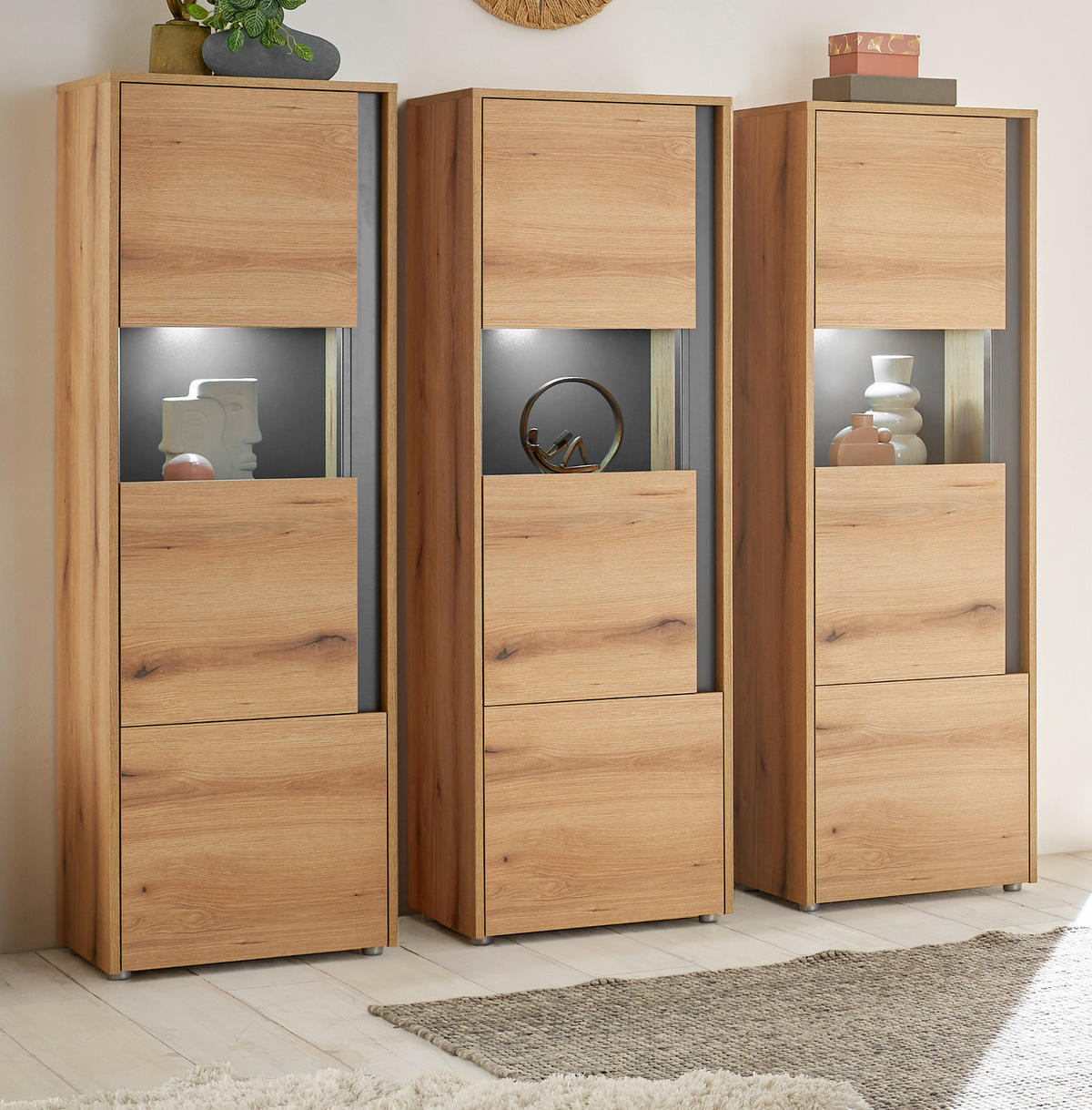 SCHRANK-SET 3-teilig Evoke Eiche, grau, Wohnkombination mit 3 x Vitrine - Eichefarben/Grau, Holz/Holzwerkstoff (190/155/40cm) - Furn.Design