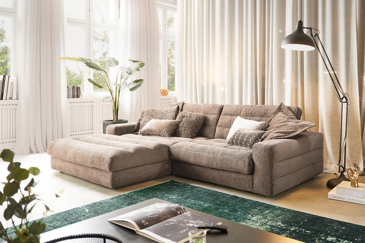 ECKSOFA LANA SOFA Taupe Cord - Taupe/Schwarz, Textil (296/205cm) - KAWOLA
