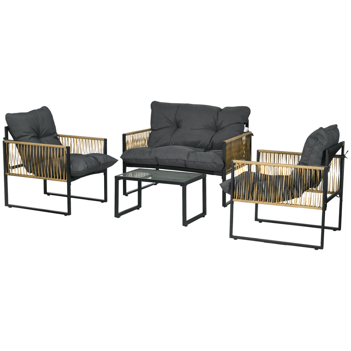 GARTENSET DE-13591 4-teilig mit Glastisch, 3 Kissen Grau - Grau, Metall - ComfortXL