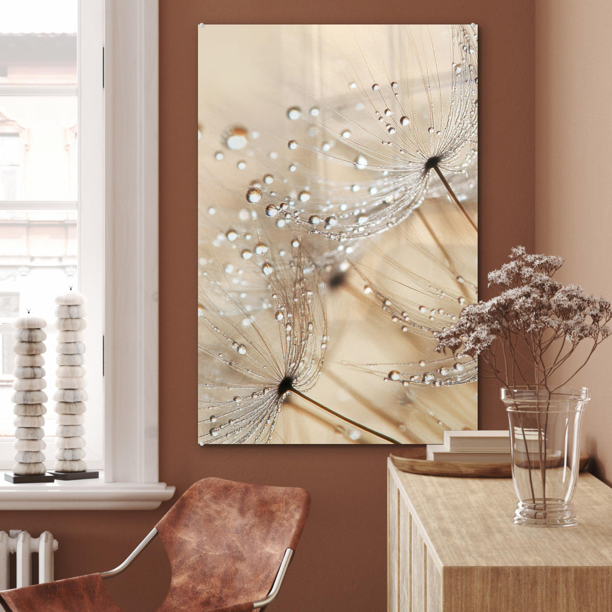 ACRYLGLASBILD Löwenzahn - Abstrakt - Natur - Beige 60x90 cm - Braun, Glas (60/90cm) - MuchoWow