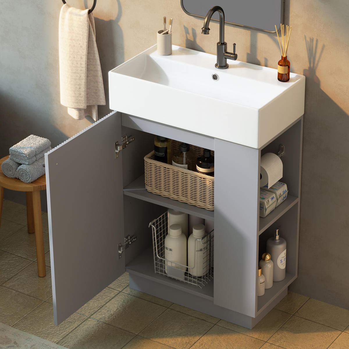 BADEZIMMERSCHRANK Waschbeckenunterschrank Rillenoptik Keramik Grau 55cm - Grau, Keramik (55/87/32cm) - FLIEKS