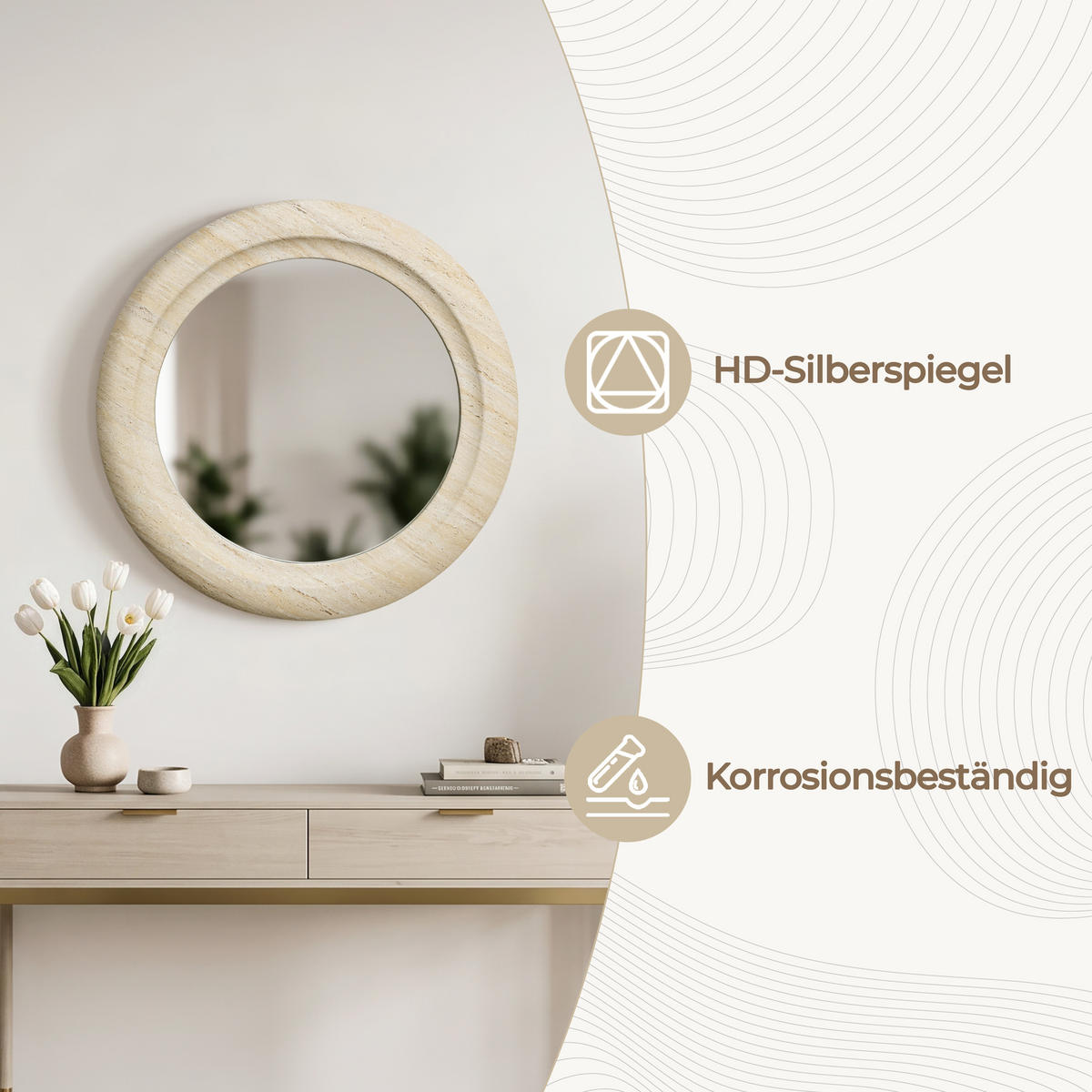 WANDSPIEGEL rund mit Holzrahmen Ø 52 cm - Beige, Glas/Holz (52/3/52cm)