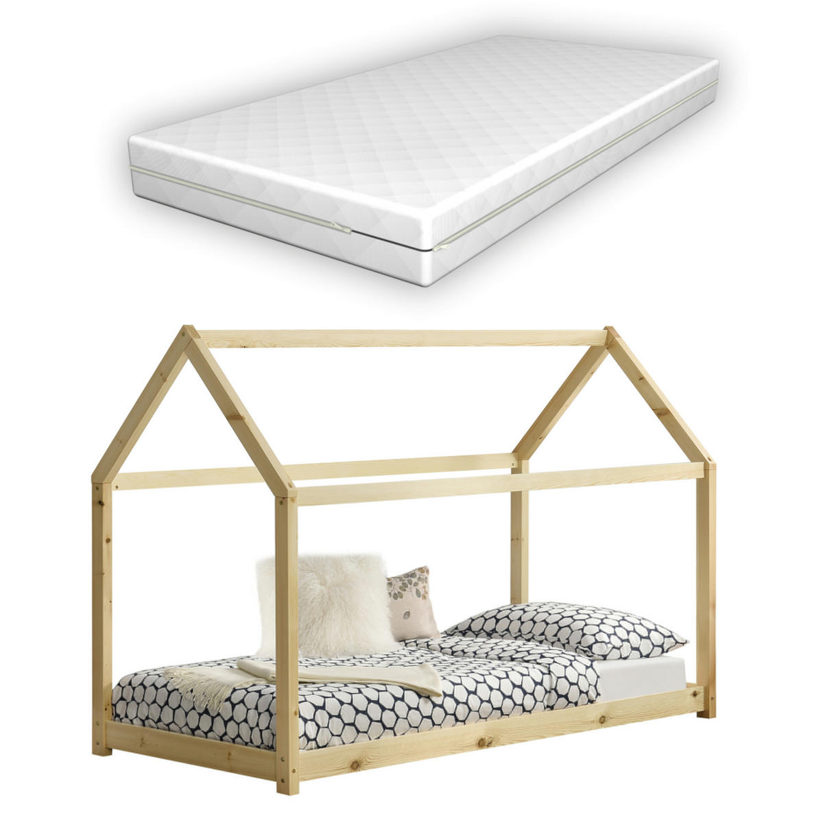 HAUSBETT Netstal mit Matratze - Naturfarben, Holz/Textil (80/160cm) - [en.casa]
