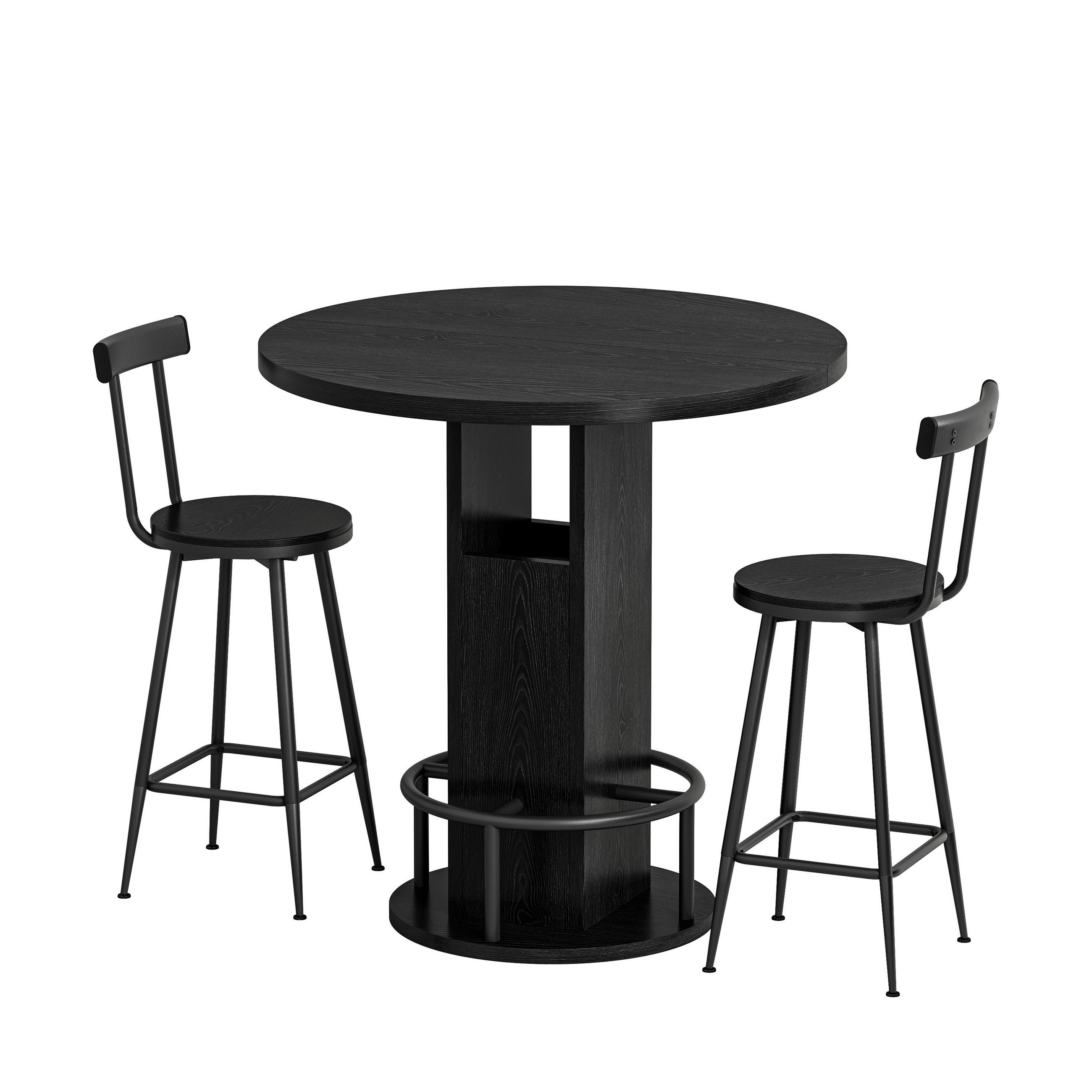BARTISCH-SET DE-39330 3-teilig, rund, mit 2 Hockern Schwarz - Schwarz, Holzwerkstoff (80/91.5/80cm) - ComfortXL
