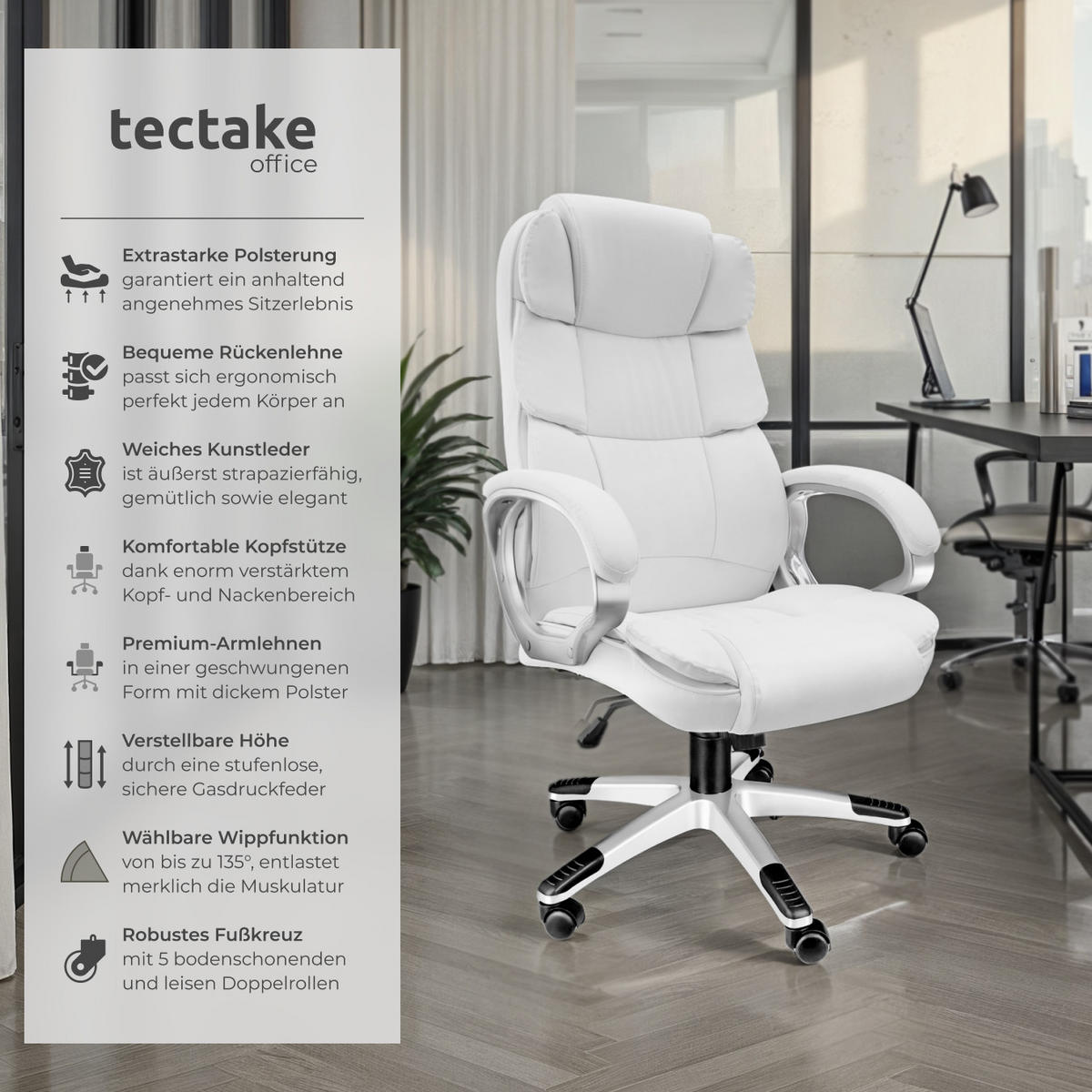BÜROSTUHL Jonas, einstellbare Wippfunktion, weiß - Weiß, Textil (70/123/71cm) - tectake