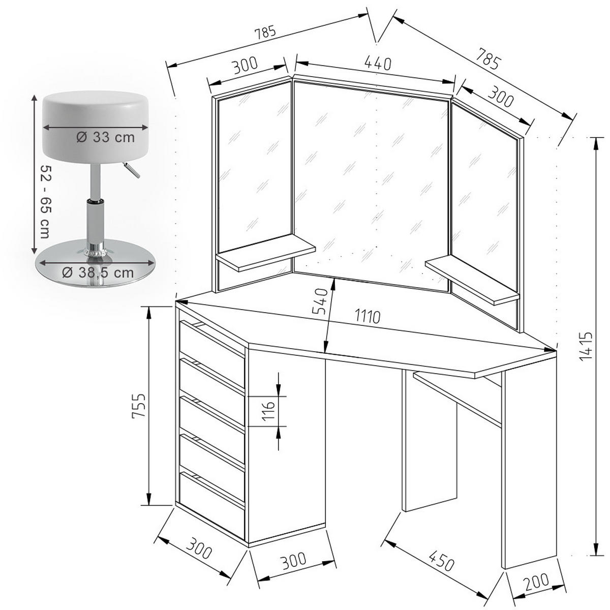 ECKSCHMINKTISCH Arielle Weiß/Sonoma 110 cm mit Hocker - Weiß/Sonoma Eiche, Holzwerkstoff (110/141.5/54cm) - Vicco