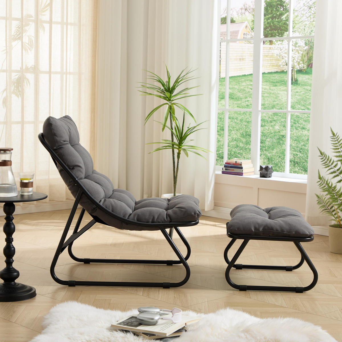 RELAX Schaukelstuhl mit Dickem Kissen und Hocker Metallrahmen für Garten Balkon Wohnzimmer - Hellgrau, Metall (65/86/78cm) - PARAFTA HOME