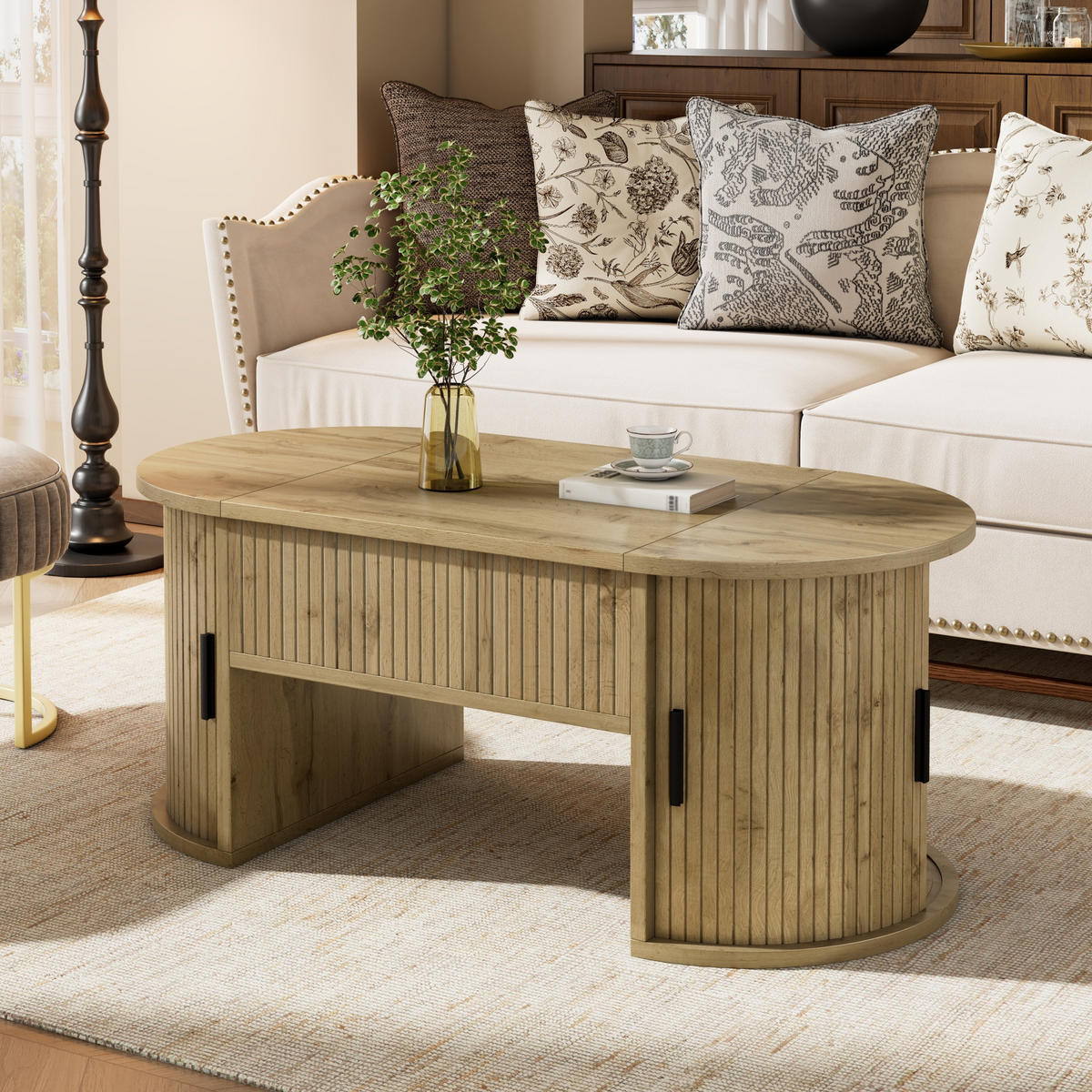 COUCHTISCH 100/50/40,5 cm eichefarben aus Holzwerkstoff mit höhenverstellbarer Tischplatte Schiebetüren und offenen Regalen - Eichefarben, Holzwerkstoff (100/50/40.5cm) - OKWISH