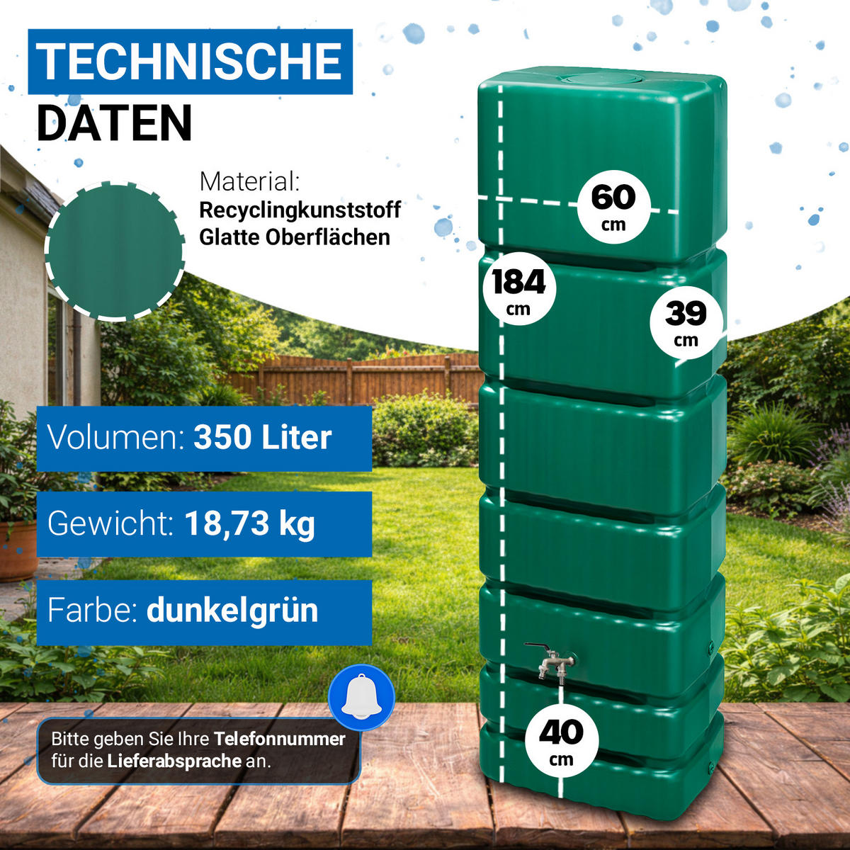 REGENTONNE Wandtank Komplett-Set 350 L, dunkelgrün inkl. Chrom-Doppelauslaufhahn und Fallrohranschluss - Grün, Kunststoff (39/184/60cm) - 4rain