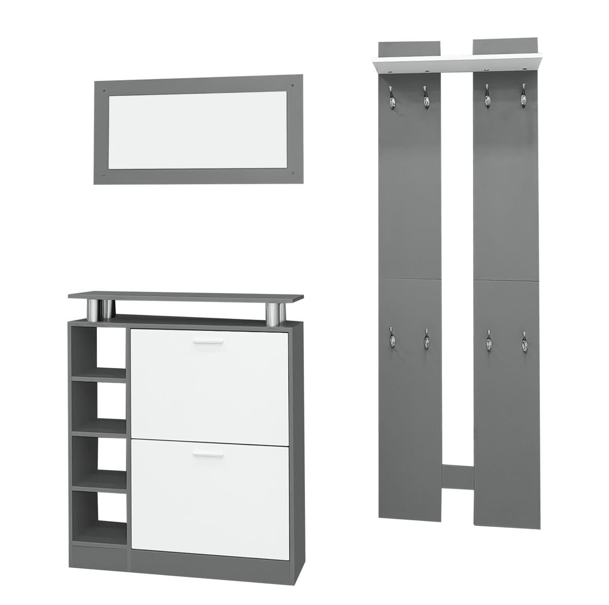 GARDEROBENSET 80/25/96,5 cm grau/weiß aus Spanplatte mit Spiegel und Schuhschrank - Weiß, Holzwerkstoff (80/96/25cm) - OKWISH