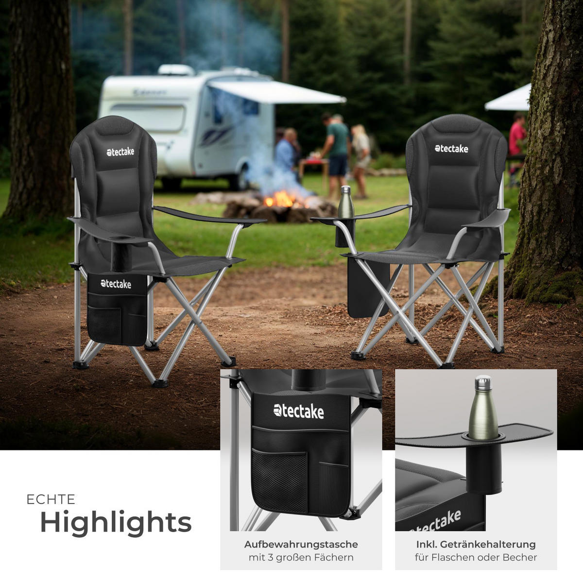 CAMPINGSTUHL 2er Set gepolstert Mtx,88,5 x 55 x 103 cm, Belastbarkeit 120 kg,schwarz - Schwarz, Textil (88.5/103/55cm) - tectake