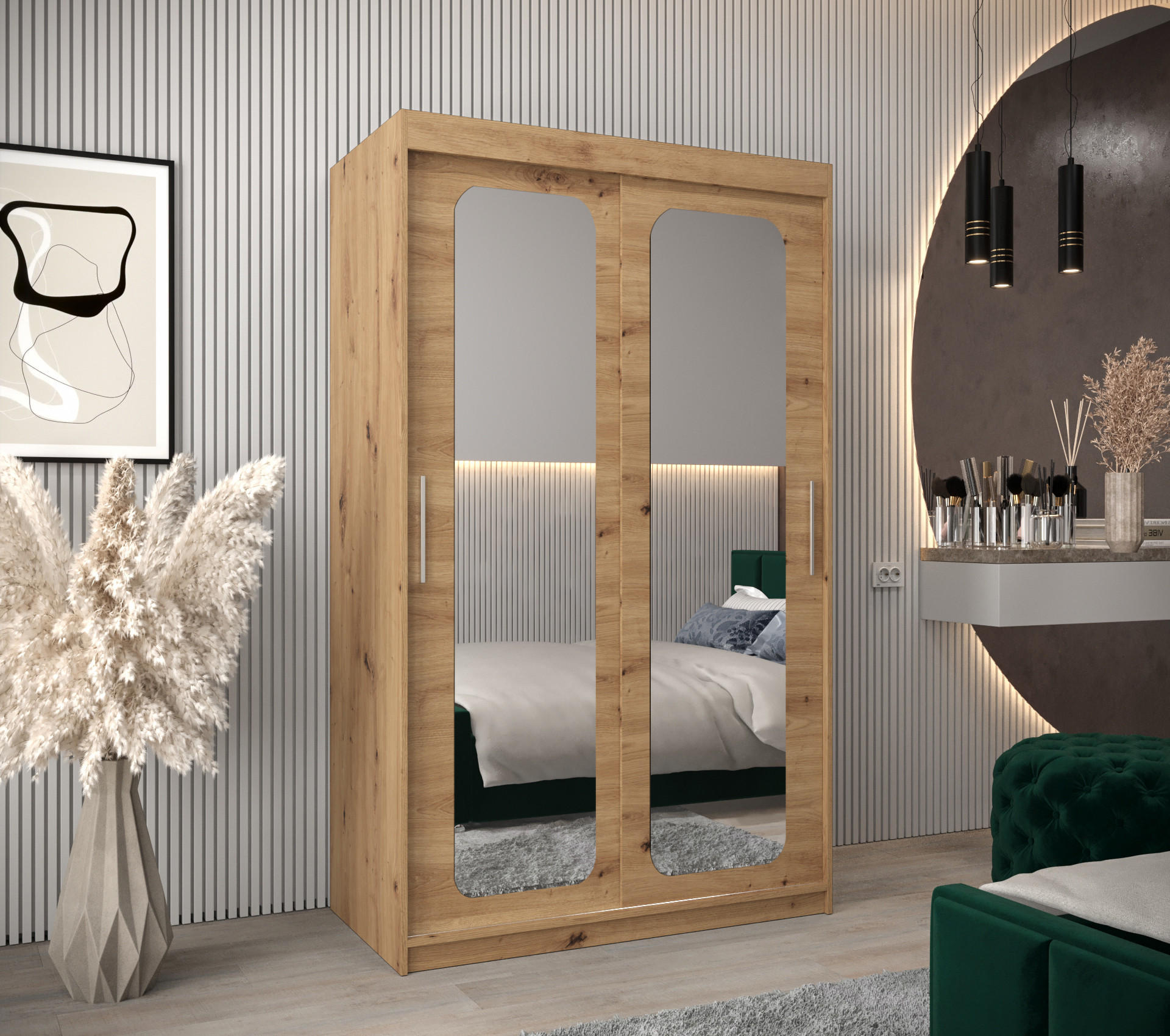 SCHWEBETÜRENSCHRANK 200/120/62 2-türig - Silberfarben/Eiche Artisan, Holz/Kunststoff (120/200/62cm) - MÖBEL KRYSPOL