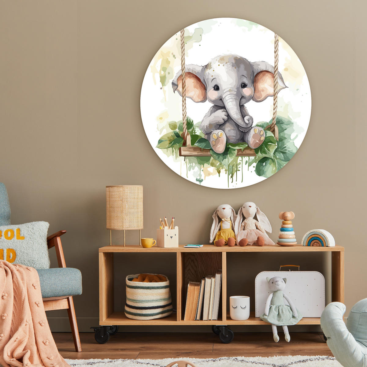 WANDBILD Elefant - Tier - Kinder - Dschungel 90x90 cm - Hellgrau, Kunststoff (90/90cm) - MuchoWow