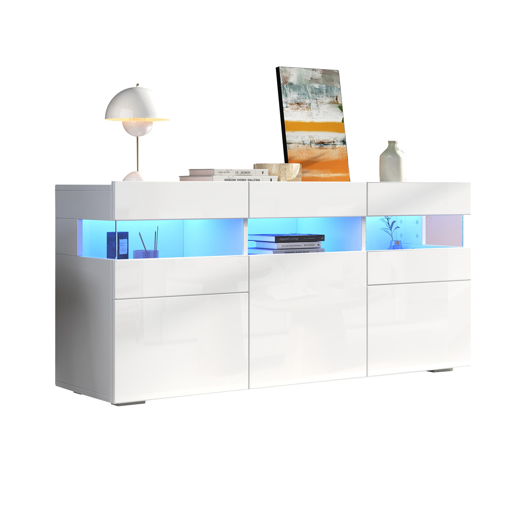 SIDEBOARD 140cm Hochglanz LED 3 Türen 7 Fächer Weiß modern - Weiß, Holzwerkstoff (40.5/66.5/140cm) - FLIEKS