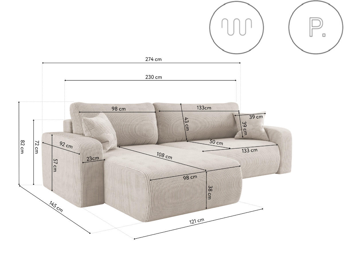 SCHLAFSOFA MILANO XL und bettkasten stoff Poso Dicker Cord Beige Links - Beige, Holz (274/82/145cm) - Kaiser Möbel