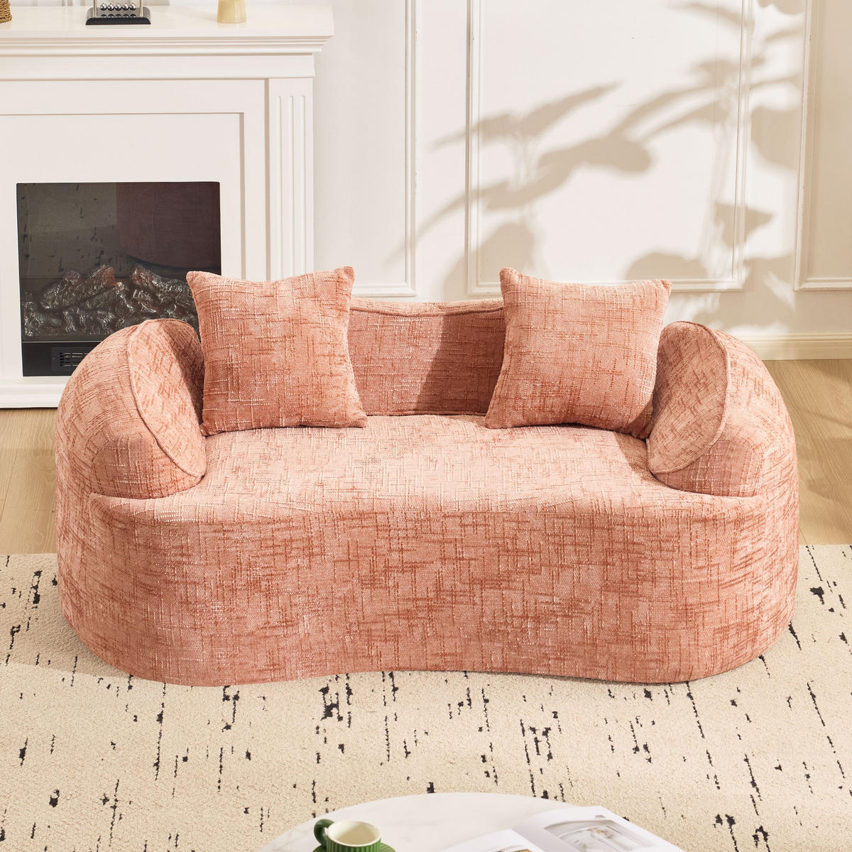 SOFA 2-Sitzer gebogen in Rosa mit ergonomischer Schaumstoffpolsterung und 2 Kissen 170/87/70 cm - Rosa, Kunststoff (170/70/87cm) - OKWISH