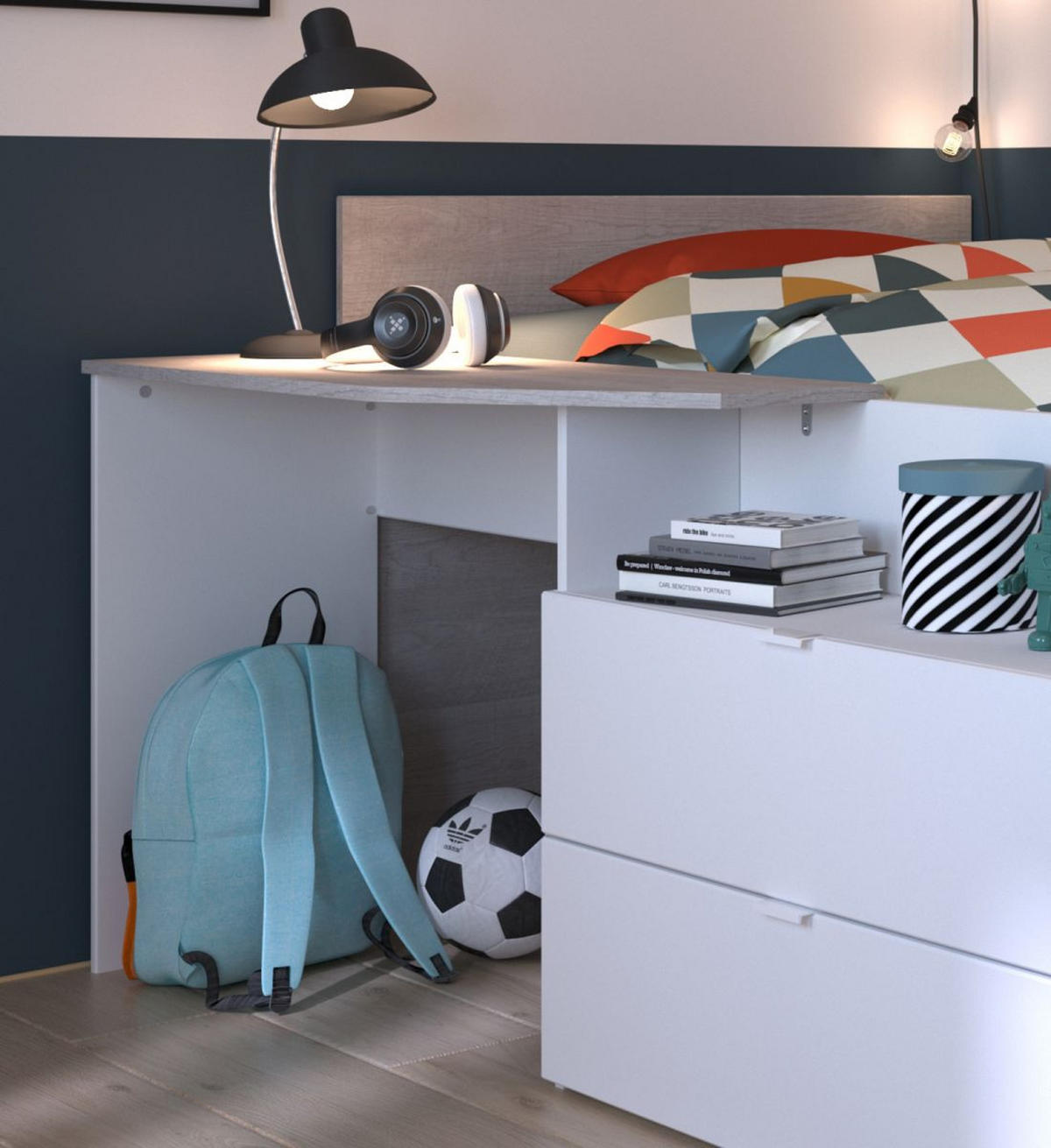 KINDERZIMMER weiß, grau, Komplett-Set 4-teilig mit viel Stauraum - Silberfarben/Weiß, Holzwerkstoff/Kunststoff (135/185/203cm) - Parisot Meuble