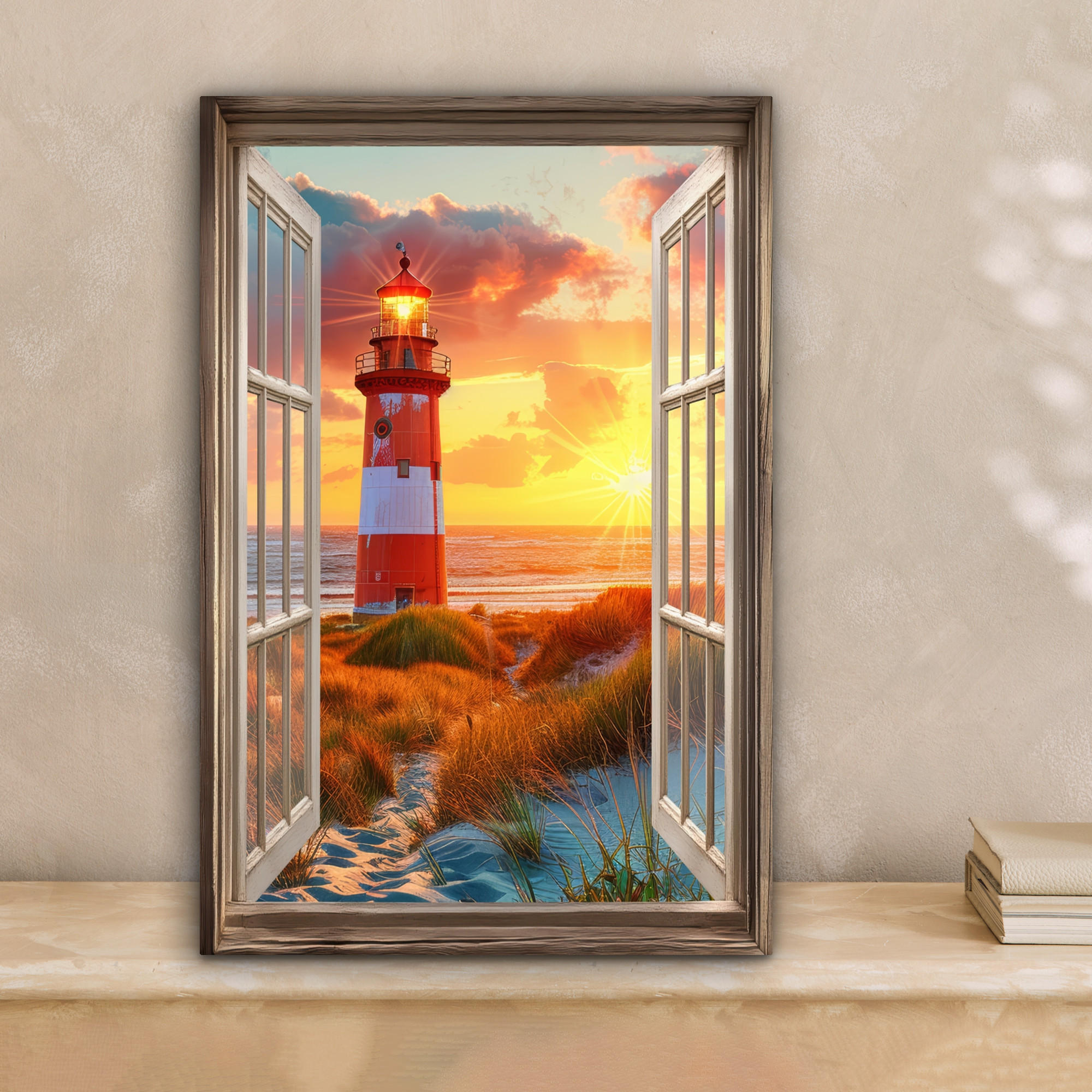 LEINWANDBILD Aussicht - Fenster - Leuchtturm - Sonnenuntergang - Strand 20x30 cm - Dunkelorange, Textil (20/30cm) - MuchoWow