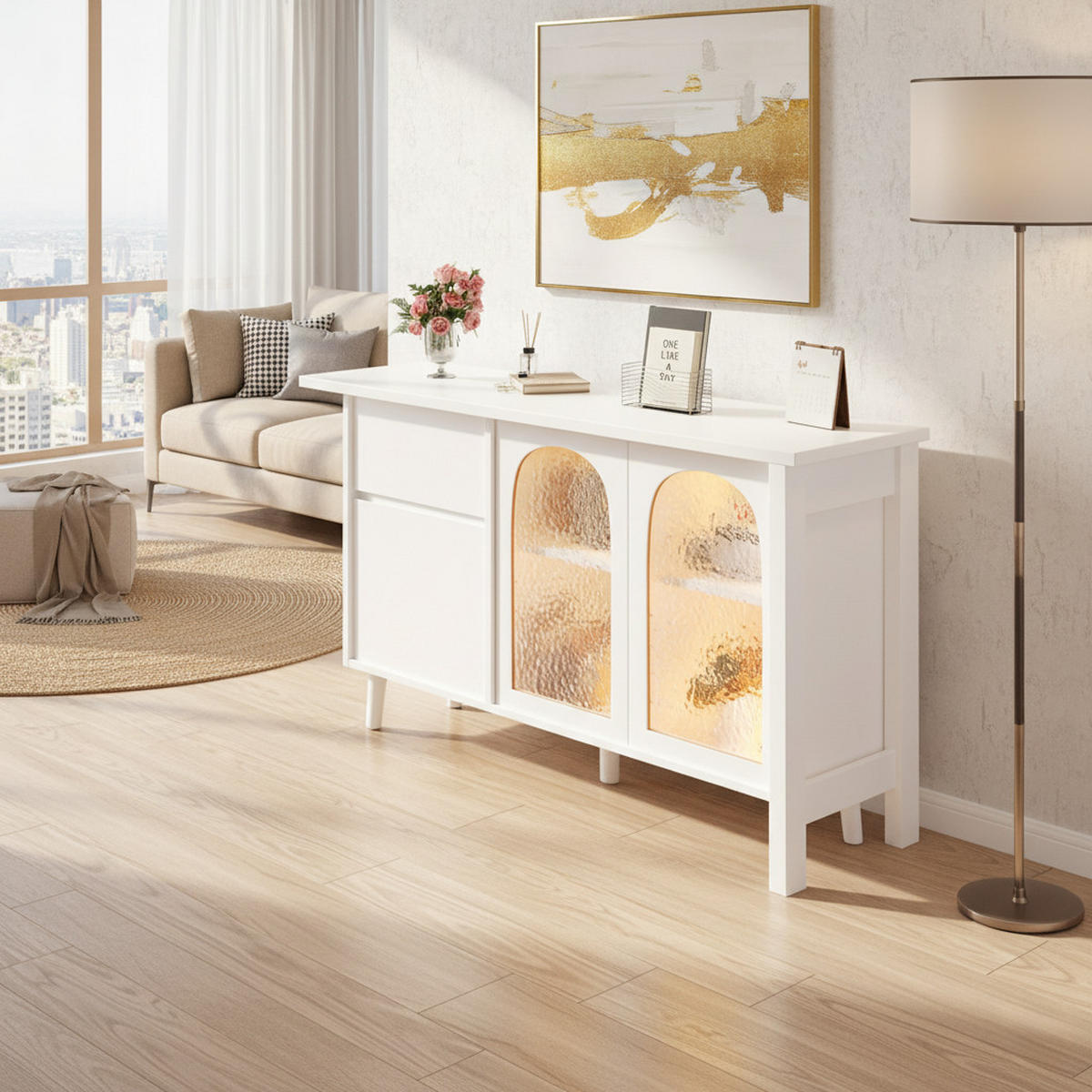 BÜROTISCH Weißer mit Stauraum und Vitrine - Weiß, Glas/Holzwerkstoff (40/120/70cm) - Urban Meuble